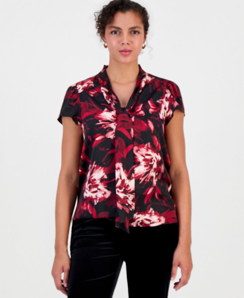 Women's Tie-Neck Short-Flutter-Sleeve Blouse