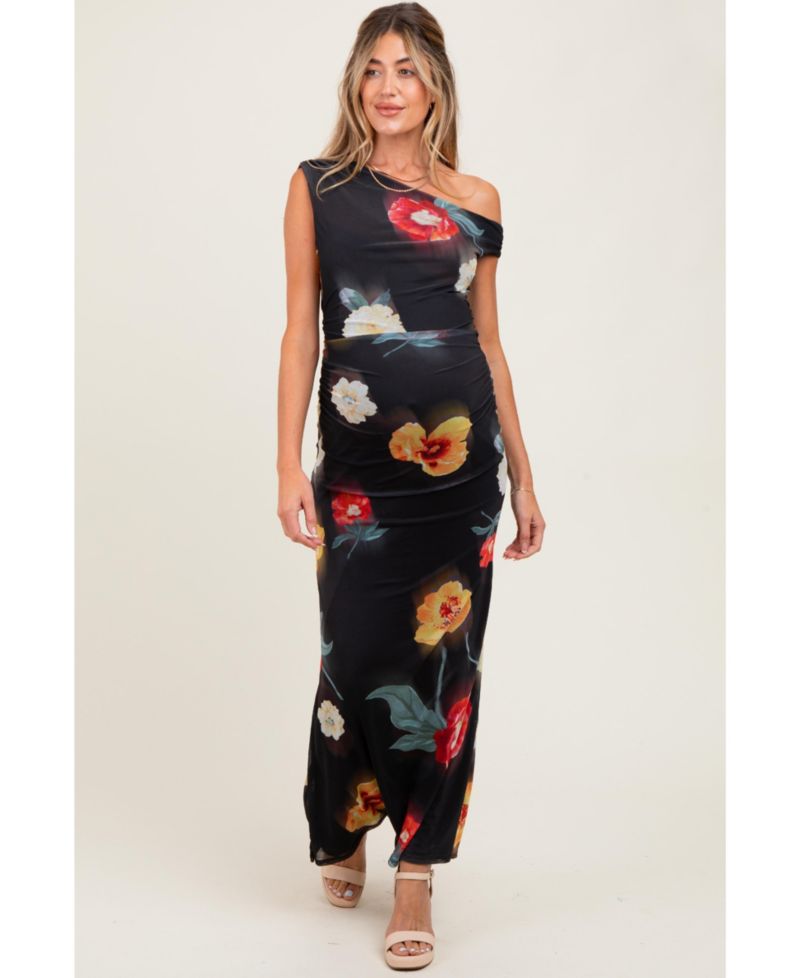 Women's Black Mesh Floral One Shoulder Maxi Dress