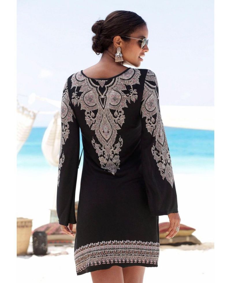Women's Viscose Boho Print Lace Up Notch-Neck Short Dress