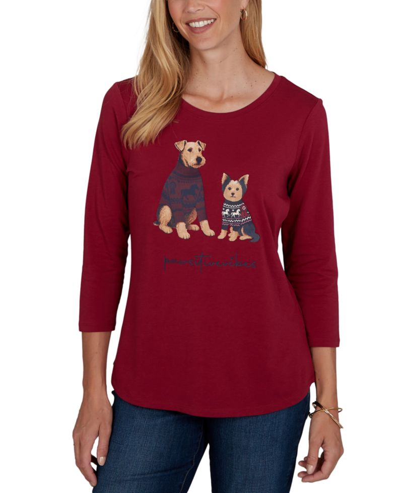 Petite Pawsitive Graphic Boat Neck 3/4-Sleeve Cotton-Blend T-Shirt