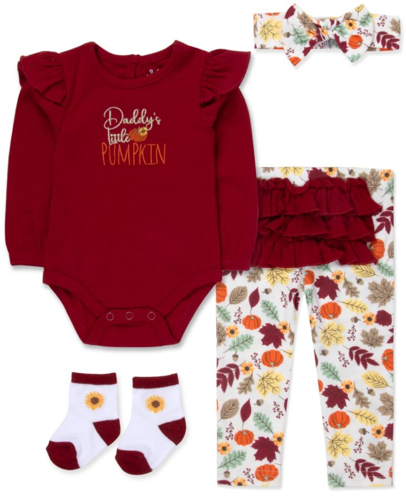 Baby Girls' Daddy's Little Pumpkin Long-Sleeve Ribbed Bodysuit, Leggings, Headband & Socks, 4-Piece Set