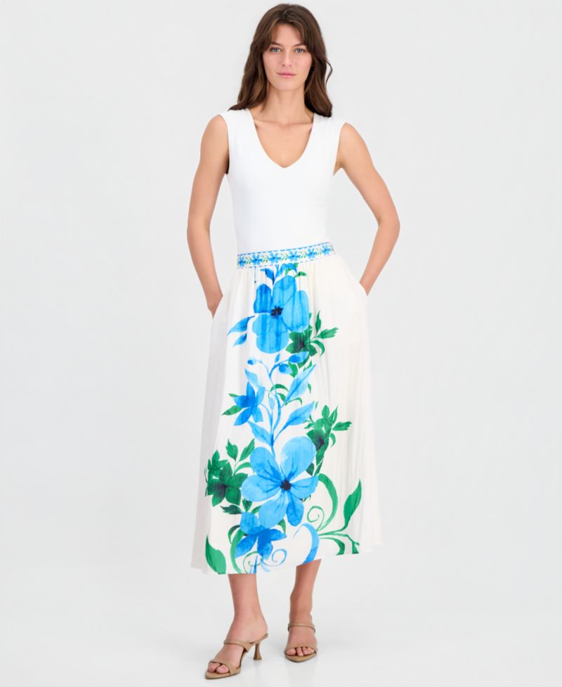 Women's Placed-Floral Pull-On Midi Skirt