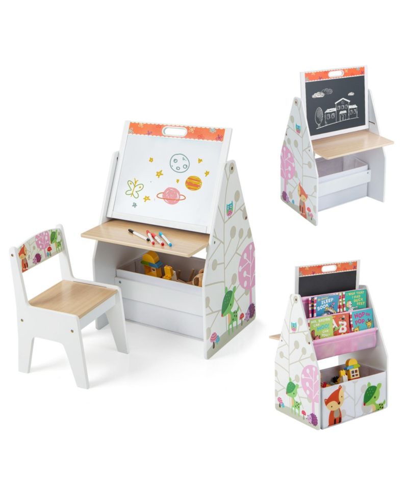 Kids Table & Chair Set with Rotatable Double-sided Magnetic Blackboard & Whiteboard