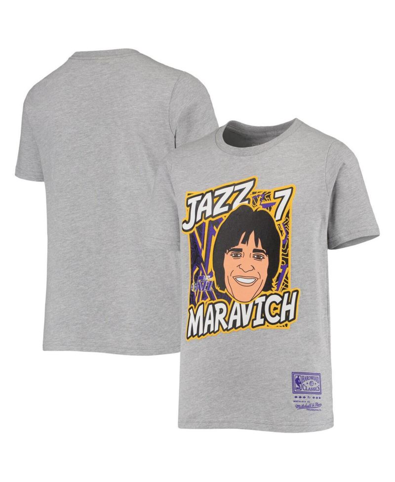Big Boys Pete Maravich Heathered Gray New Orleans Jazz Hardwood Classics King of the Court Player T-shirt