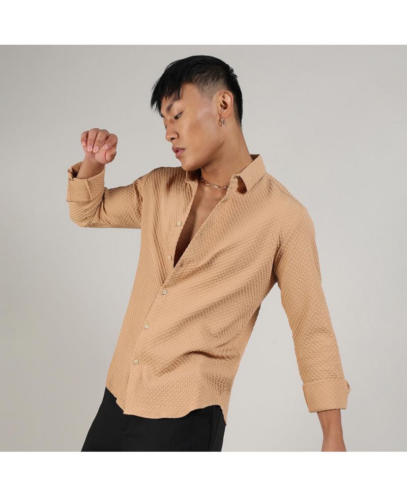 Men's Beige Textured Micro Buffalo Check Shirt