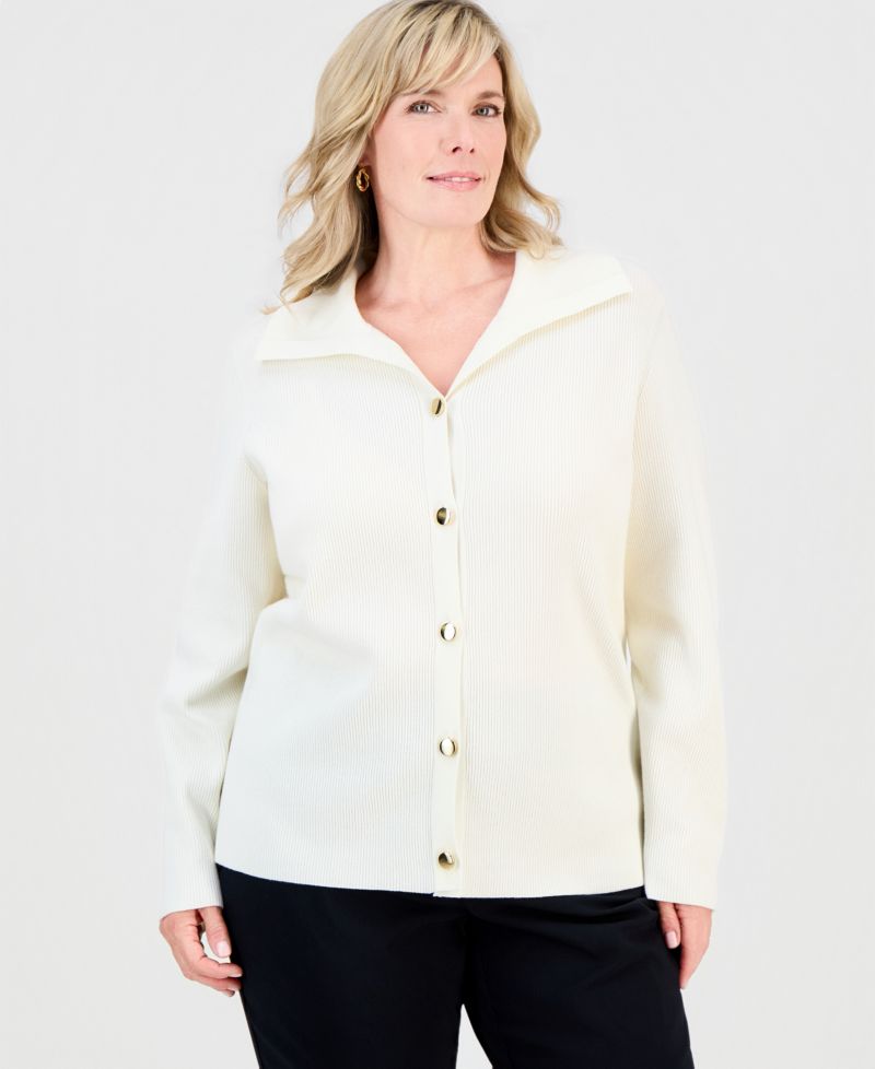 Petite Collared Long-Sleeve Button Cardigan