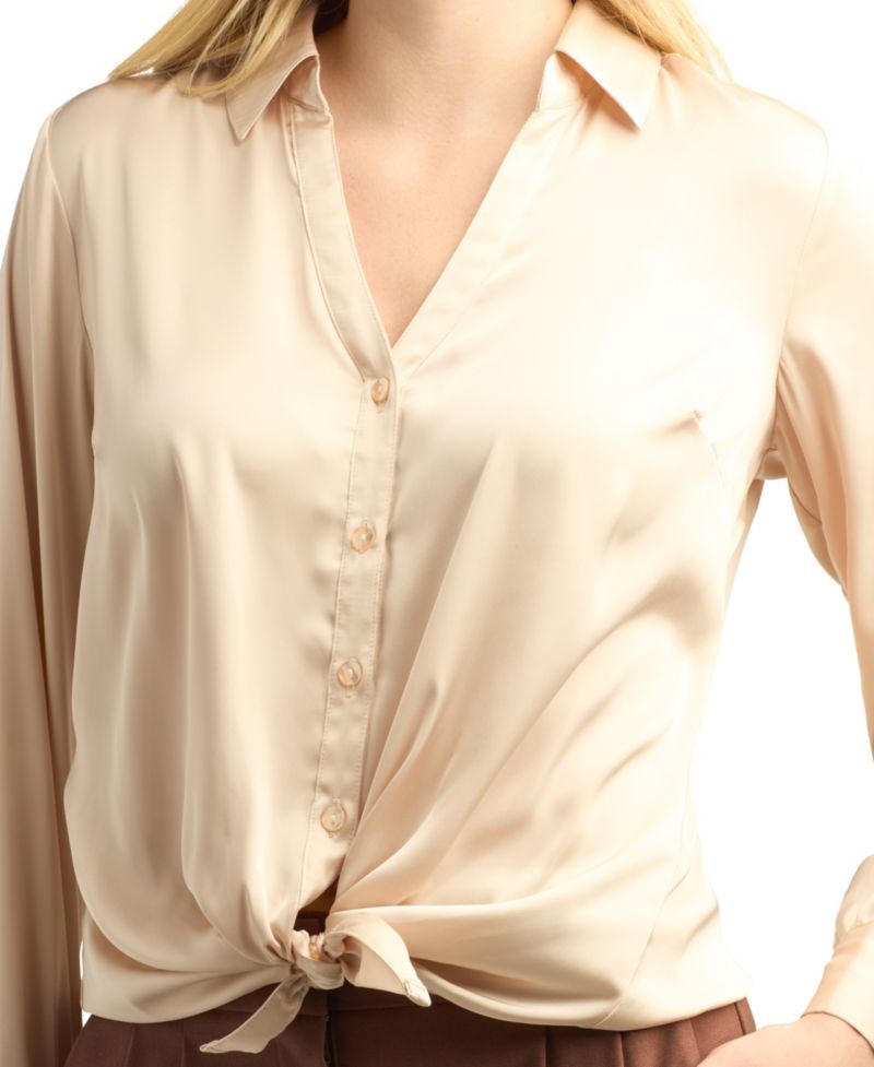 Juniors' Stretch Satin Button-Up Shirt