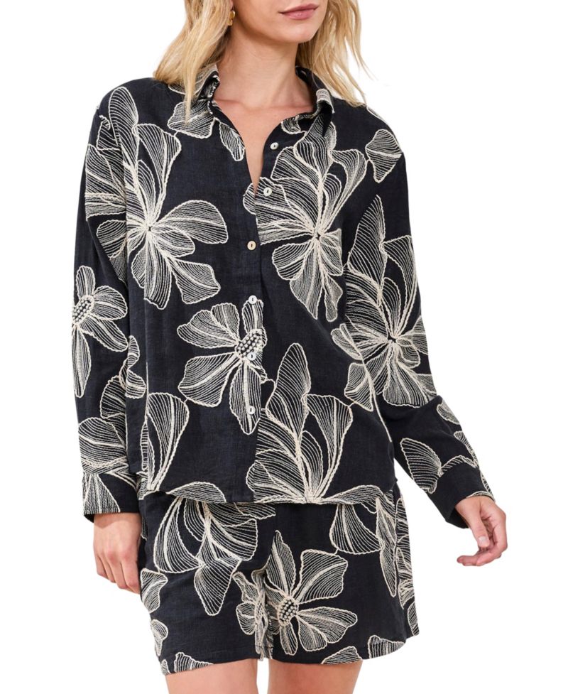 Women's Embroidered Crosshatch Button Top