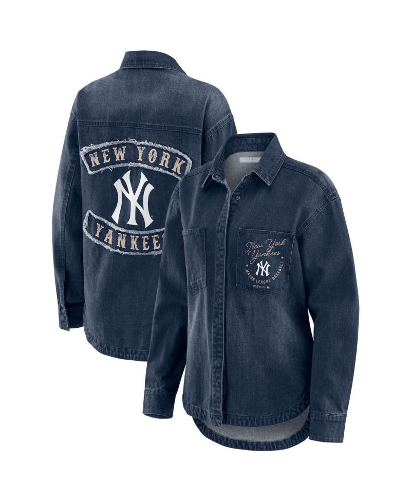 Women's Denim New York Yankees Washed Oversized Denim Full-Snap Shacket
