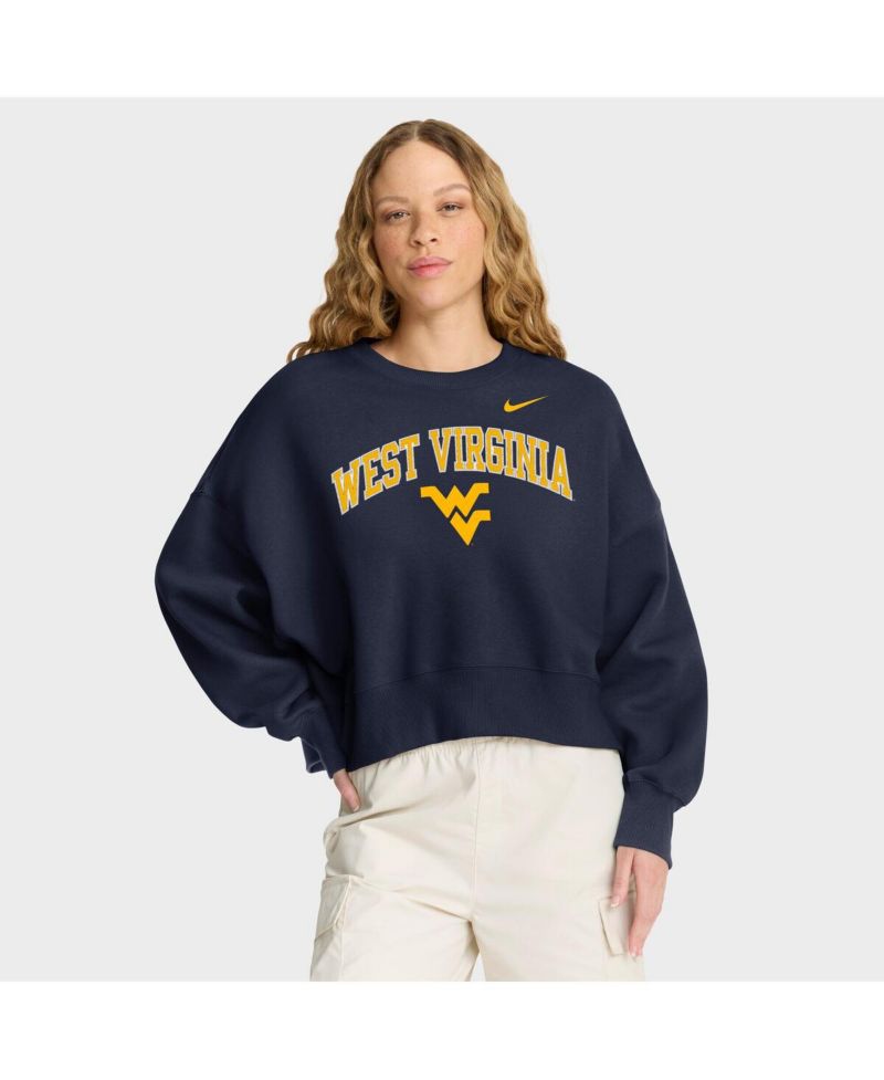 Women's Navy West Virginia Mountaineers Oversized Phoenix Arch Pullover Sweatshirt