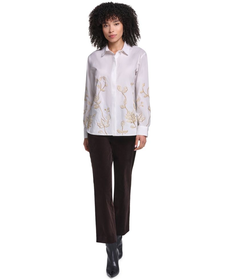 Petite Floral Embroidered Long-Sleeve Blouse