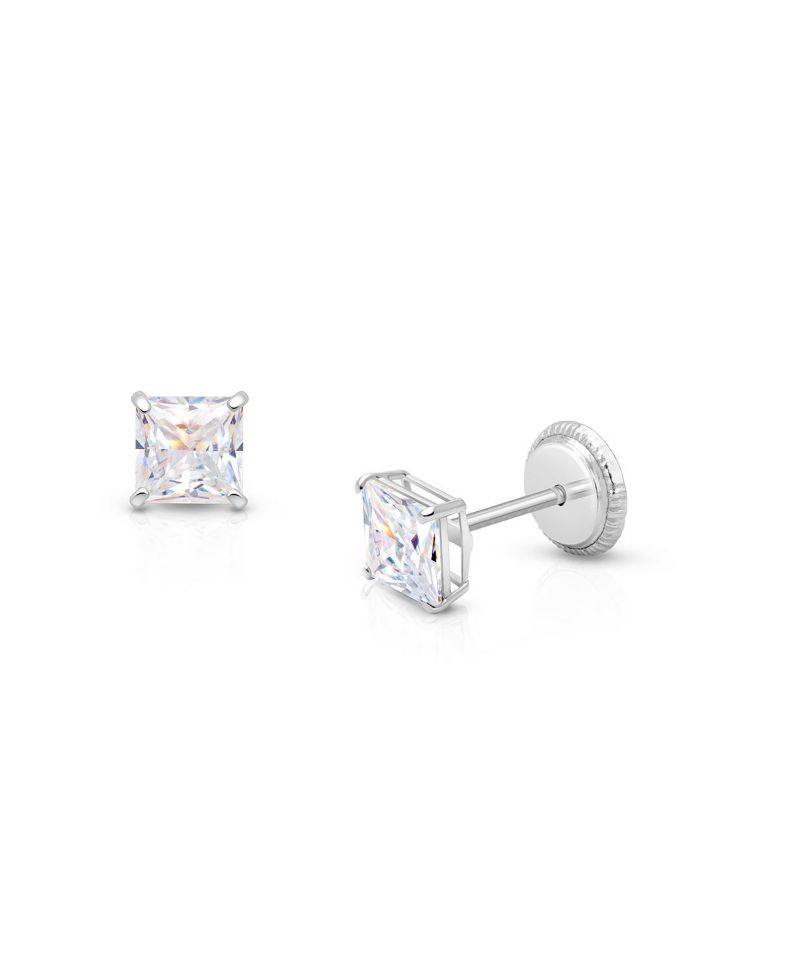 14K Gold Princess Cut Studs Screw Back Earrings