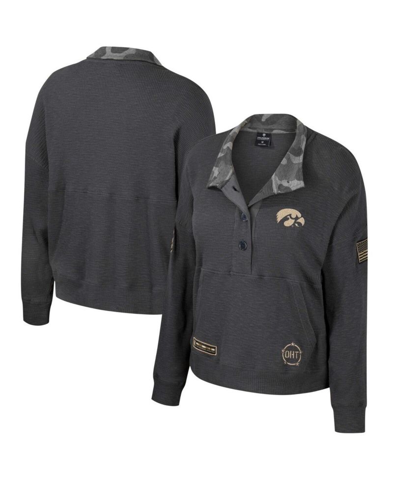 Women's Heather Charcoal Iowa Hawkeyes OHT Military-Inspired Appreciation Payback Henley Thermal Sweatshirt