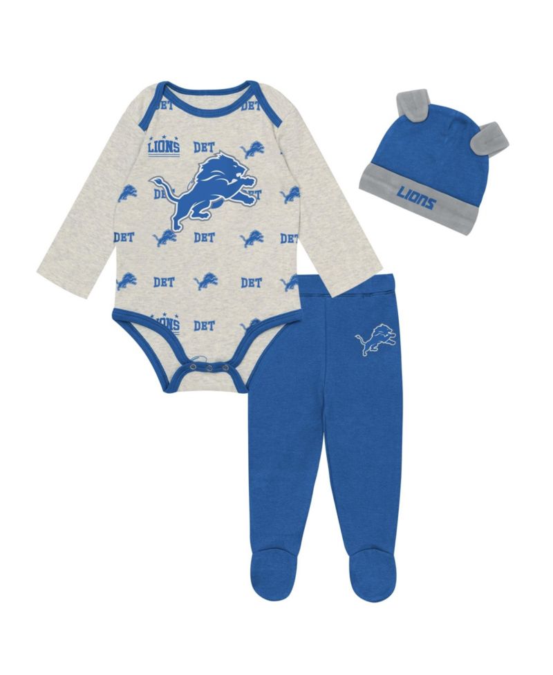 Baby Boys and Girls Heather Gray Detroit Lions Huddles & Giggles 3-Piece Pant and Hat Set