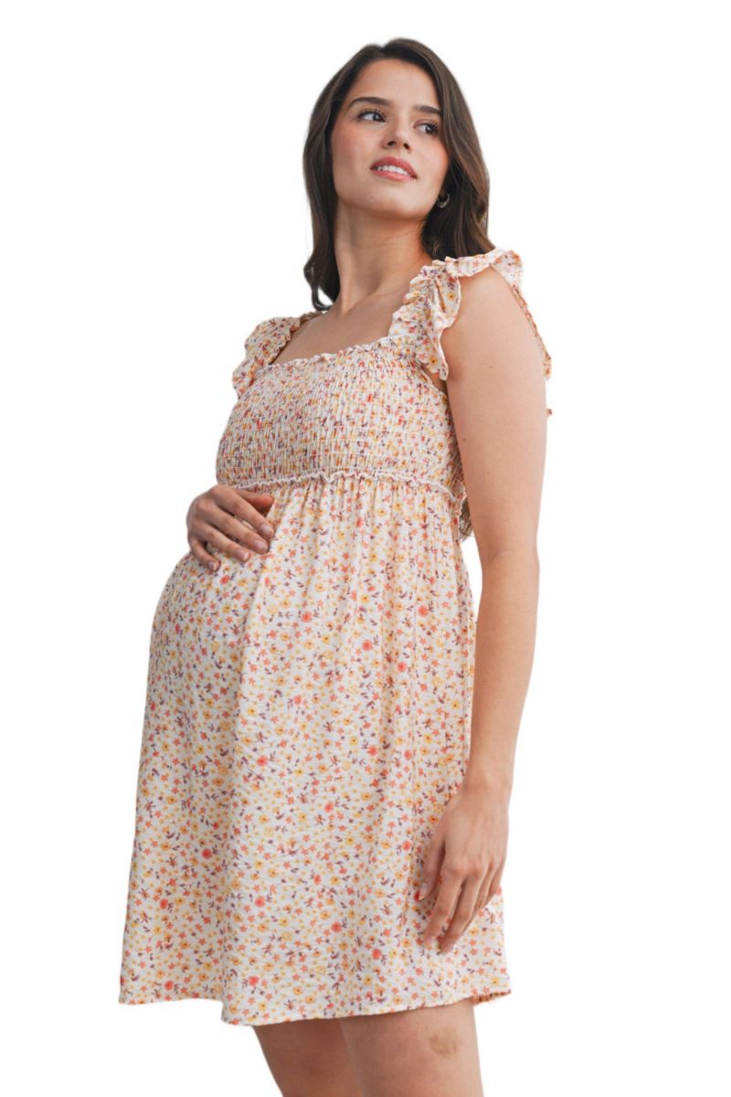 Women's Smocked Floral Dress with Ruffle Cap Sleeves