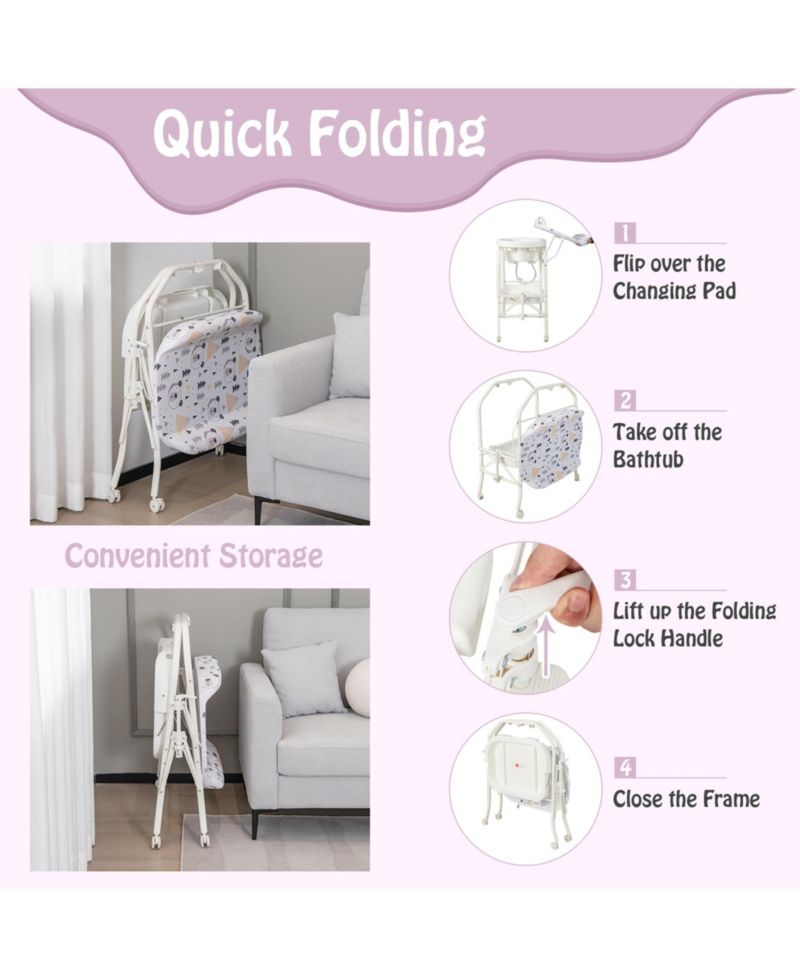 Baby Changing Table with Bathtub, Folding Diaper Station with Wheels