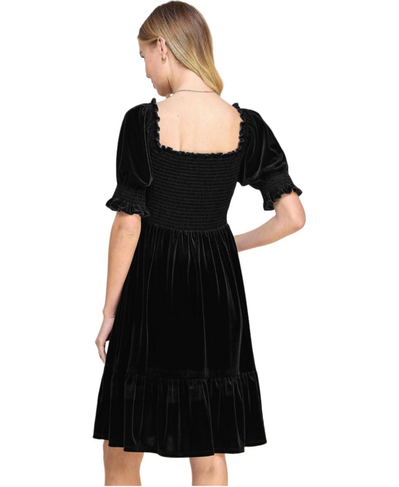 Women's Velvet Empire Waist Puff Sleeve Smocked Neck Dress