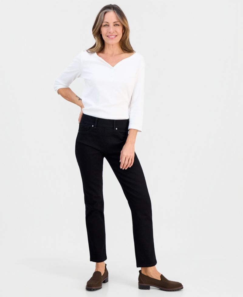 Petite High-Rise Pull-On Straight-Leg Jeans