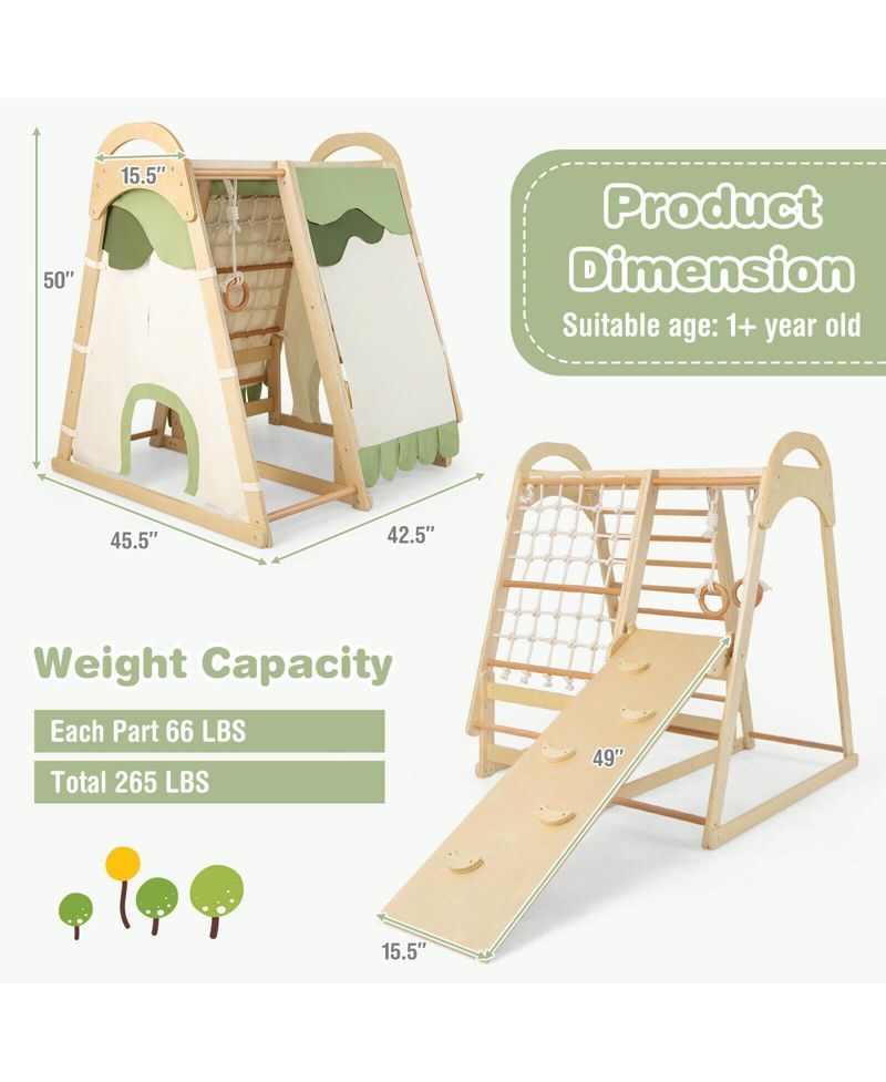 6-in-1 Wooden Indoor Kids Jungle Gym Playset with Monkey Bars, Climbing Net, Ladder, Rings, Slide and Tent, 6-Piece Set
