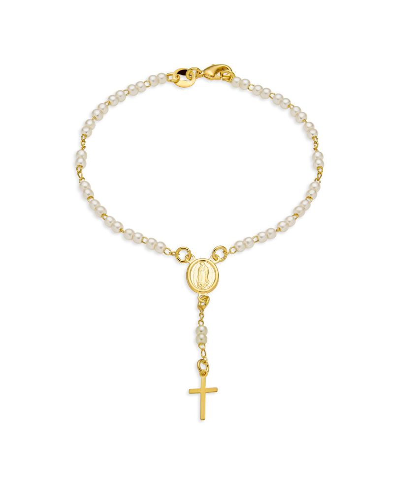 Dainty White Faux Pearl Prayer Rosary Religious Bracelet Yellow Gold Plated