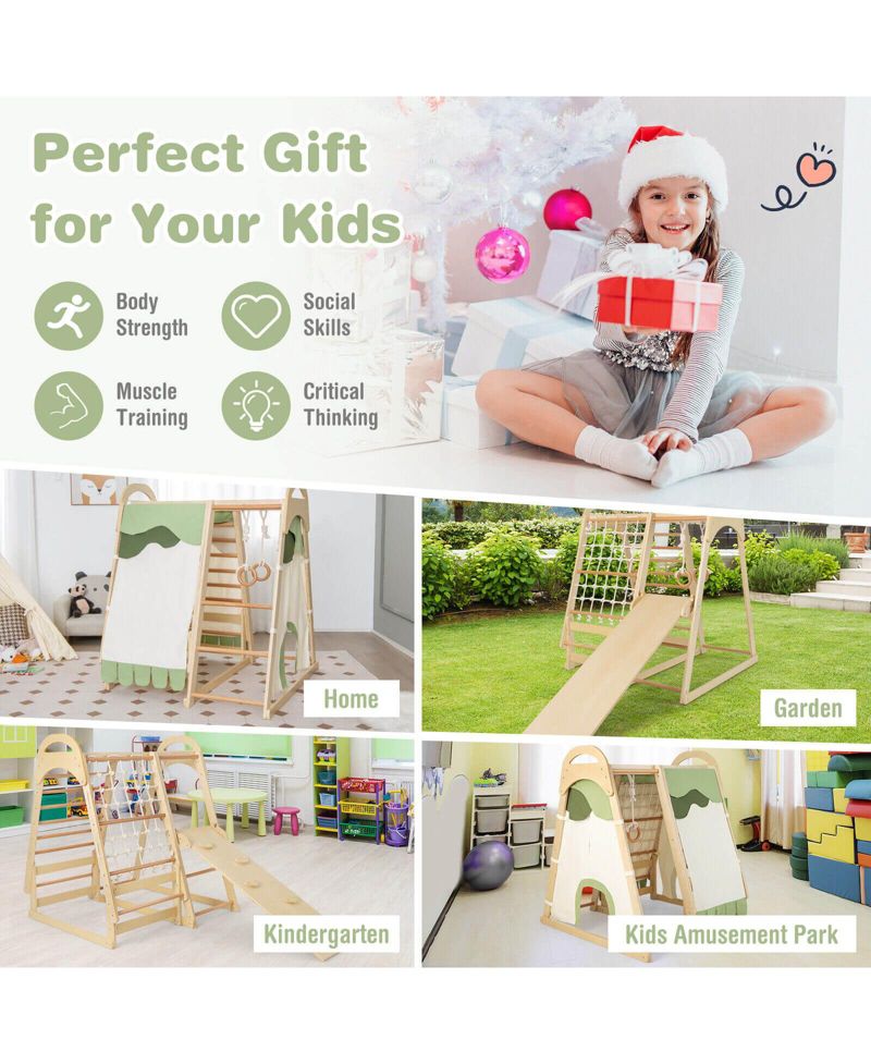 6-in-1 Wooden Indoor Kids Jungle Gym Playset with Monkey Bars, Climbing Net, Ladder, Rings, Slide and Tent, 6-Piece Set