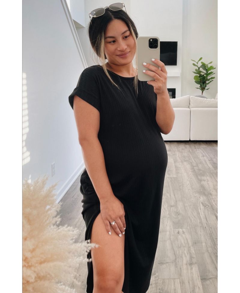 Women's Black Ribbed Curved Hem Midi Dress