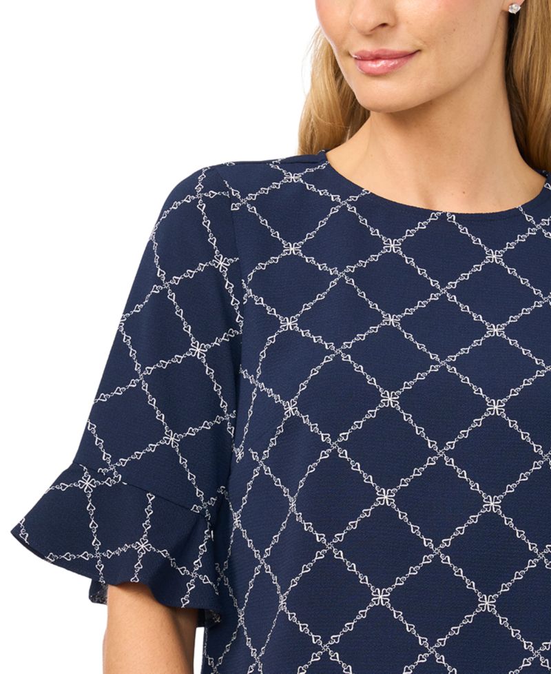 Women's Print Crewneck 3/4-Sleeve Ruffled Cuff Blouse