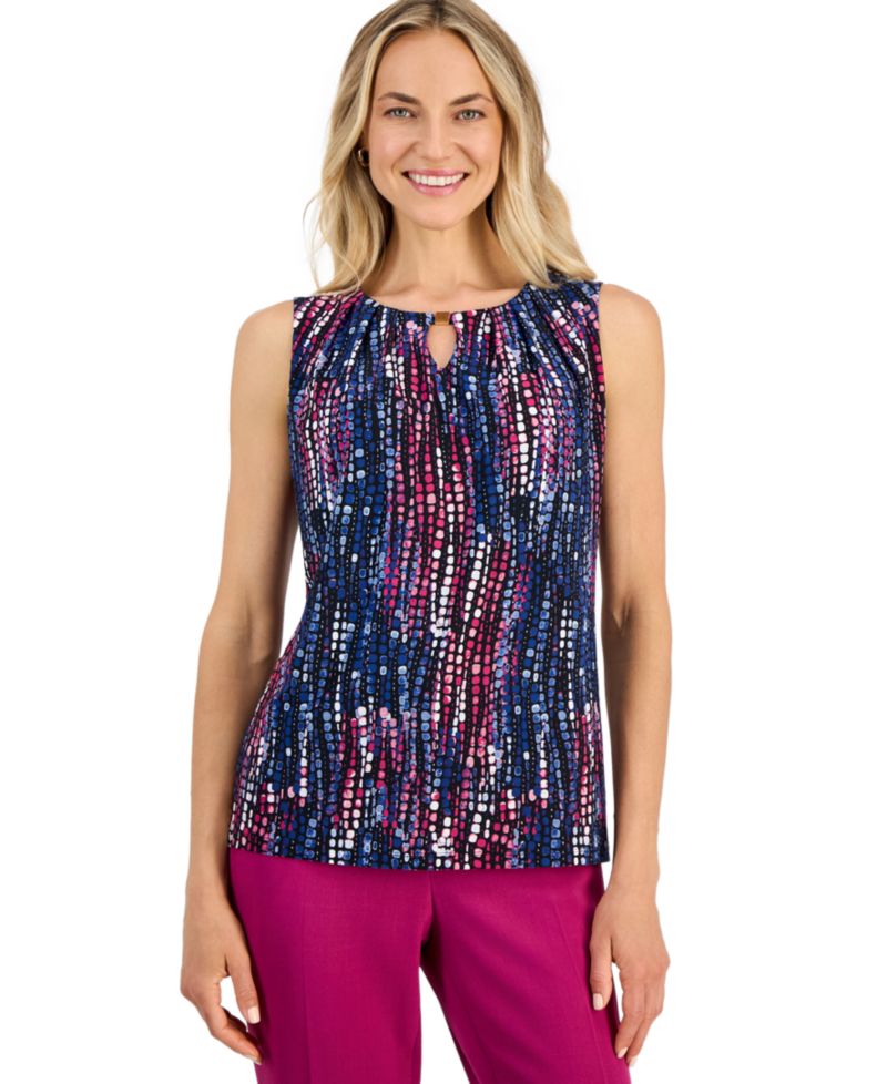 Women's Printed Pleat-Neck Keyhole Sleeveless Top