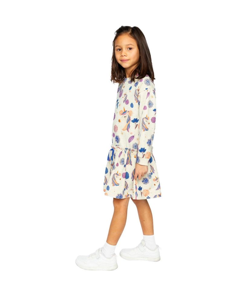 Little and Big Girl 6-12Y French Terry Dress Unicorn Print