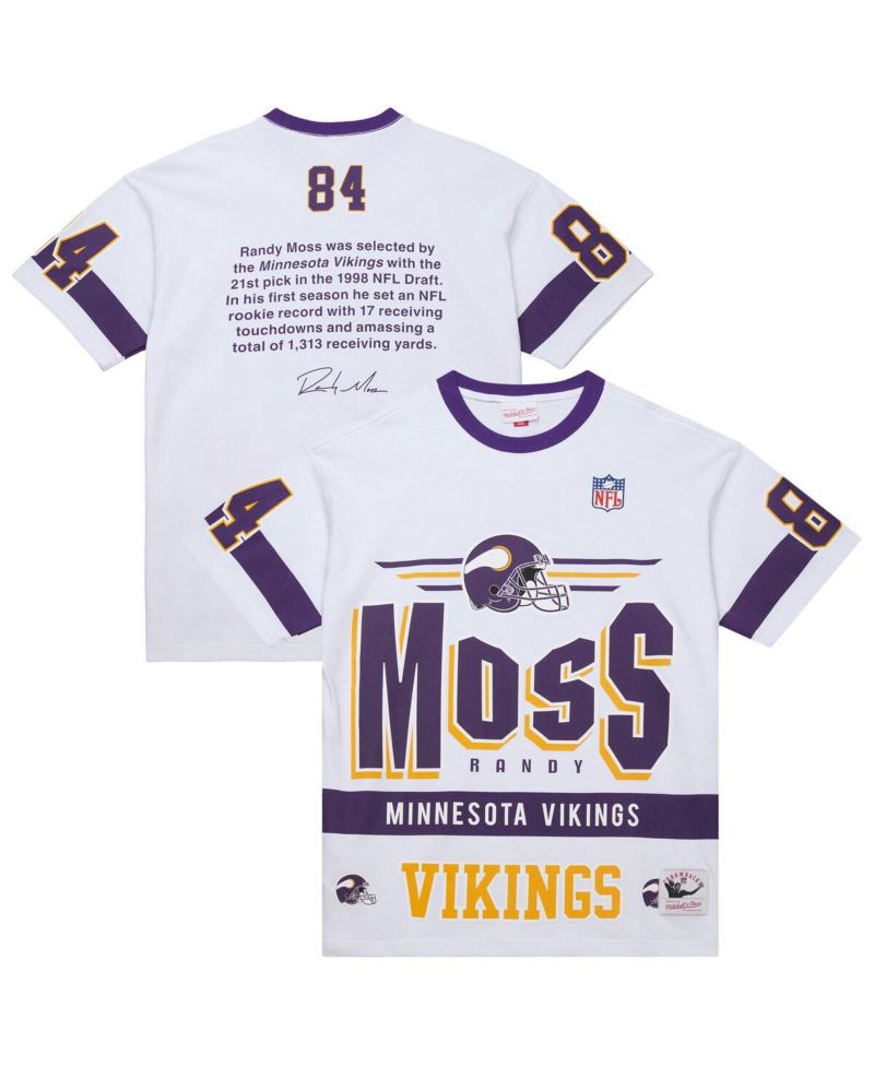 Men's Randy Moss White Minnesota Vikings Name & Number Team Origins Vintage Logo T-Shirt