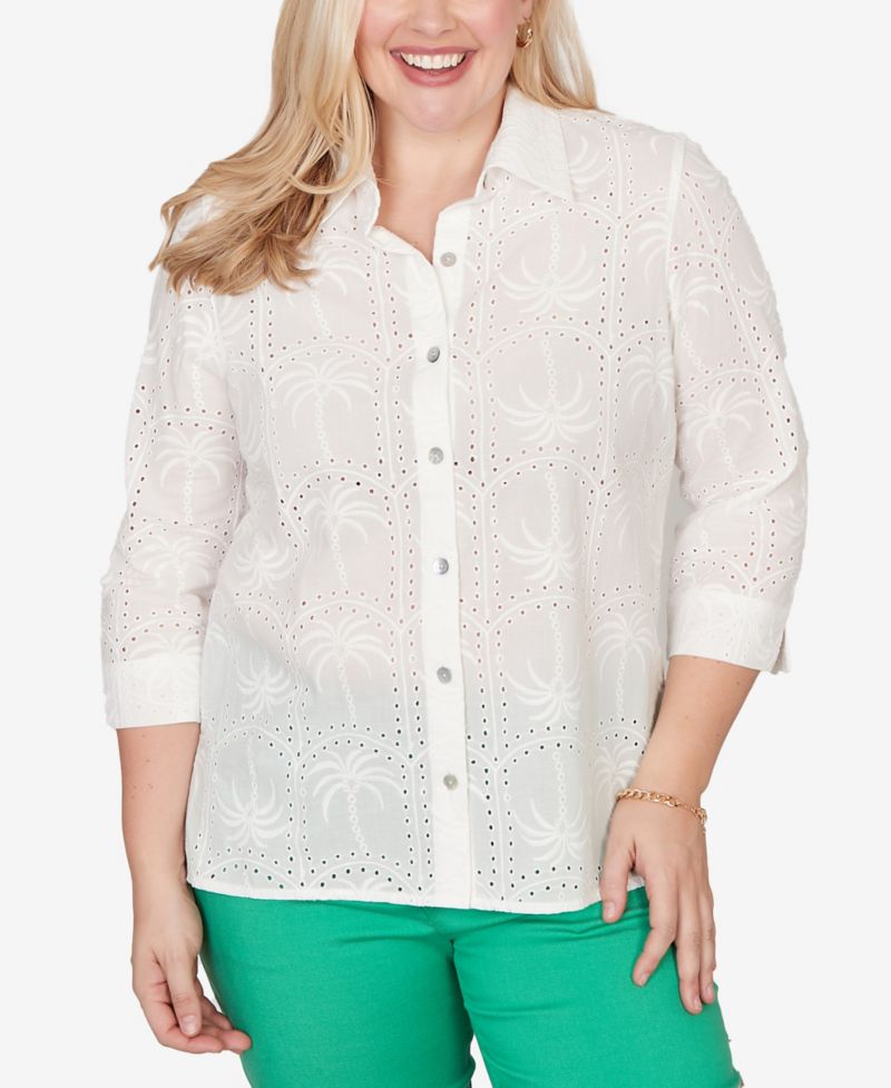 Women's Resort Living Eyelet Palm Tree Button-Front Top