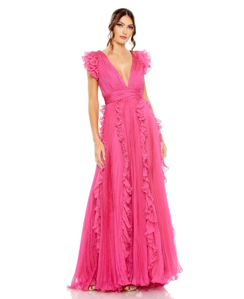 Women's Pleated Ruffle Cap Sleeve Flowy A Line Gown