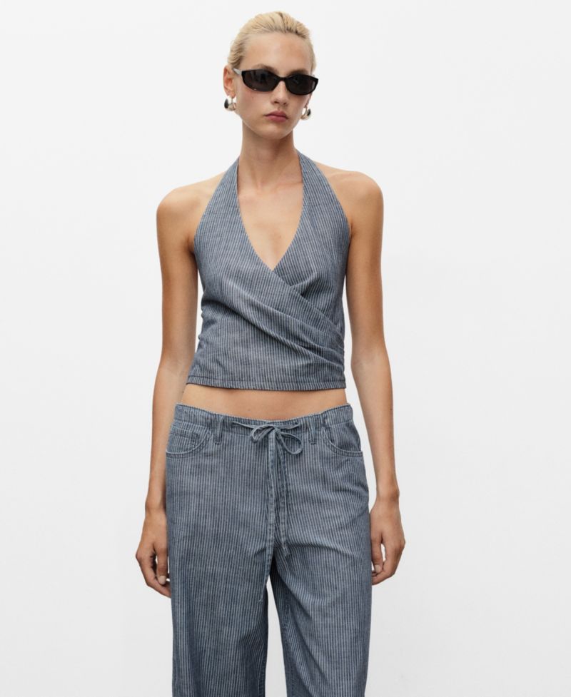 Women's Striped Crossover Denim Top