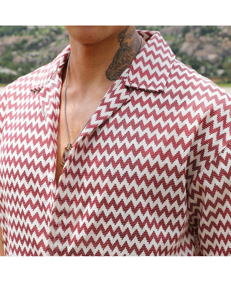 Men's Terracotta Brown & Powder White Chevron-Striped Oversized Shirt