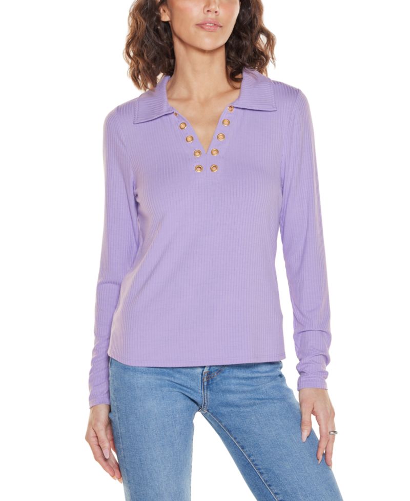 Plus Grommet-Trim Split-V Knit Top