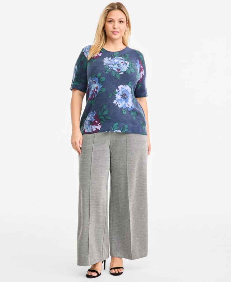 Plus Size Short-Sleeve Floral-Print Pullover Sweater