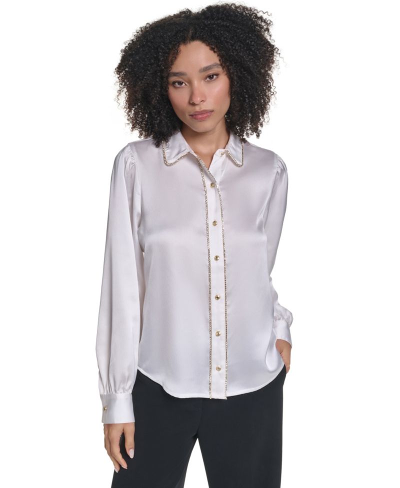 Women's Crystal Placket Long-Sleeve Blouse