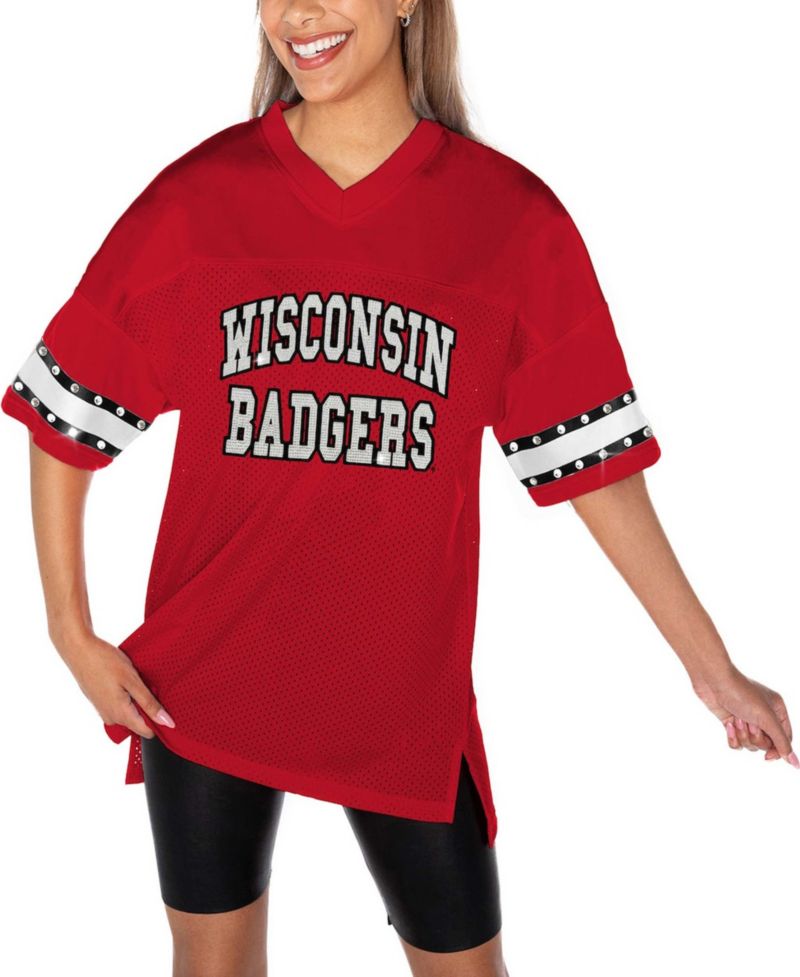 Women's Red Wisconsin Badgers Until Kickoff Rhinestone Fashion T-Shirt