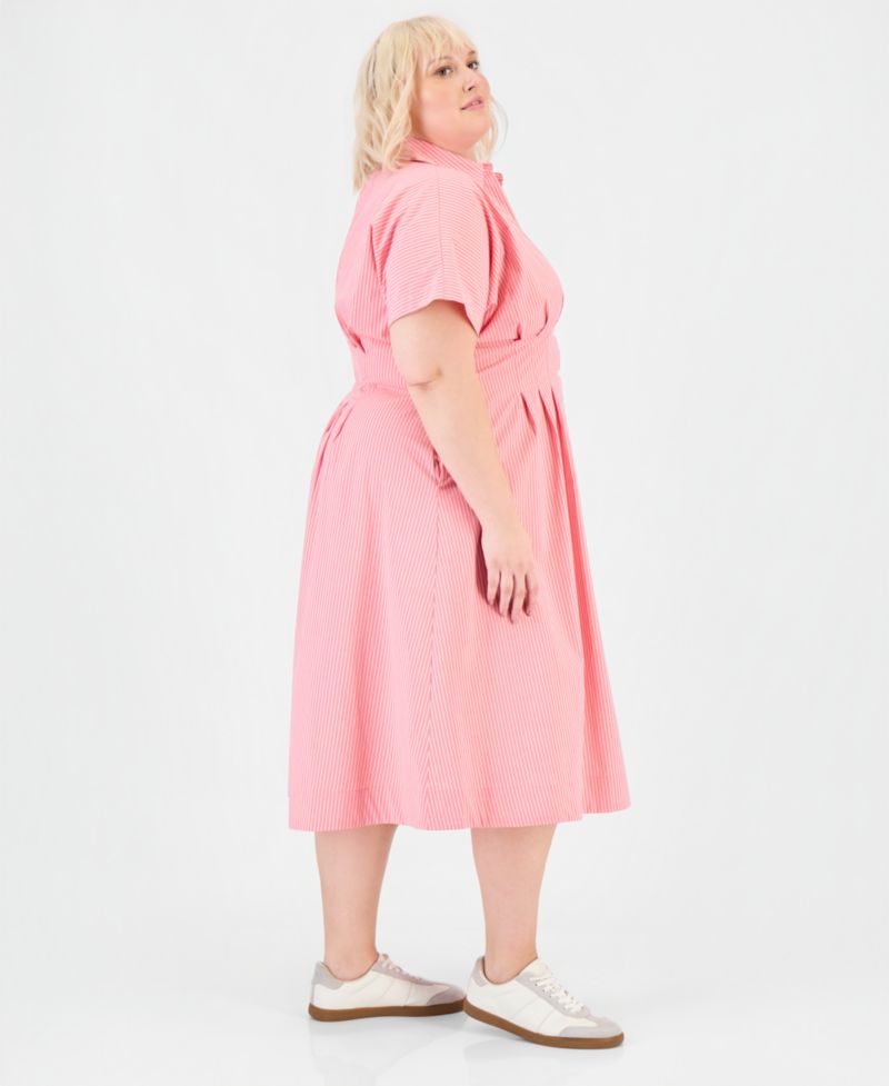 Trendy Plus Size Pinstriped Pleated-Waist Midi Shirtdress