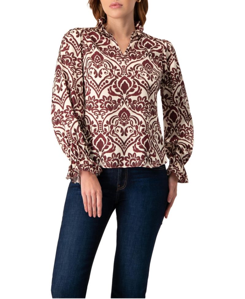 Women's Ruffled V-Neck Abstract Blouse Top