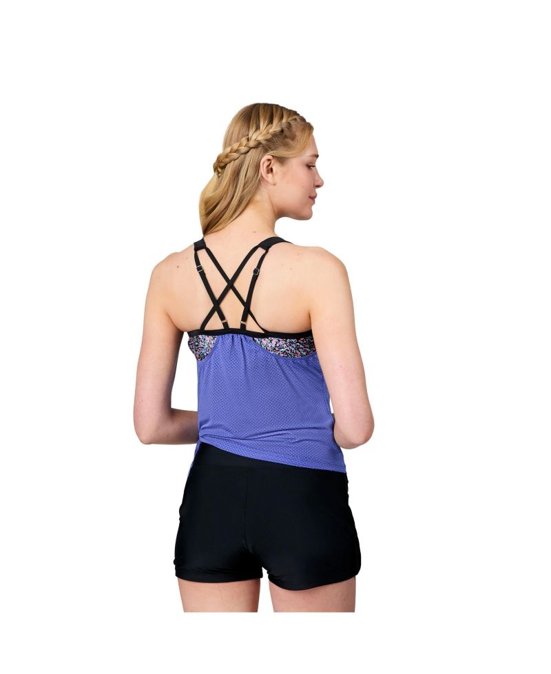 Women's Textured Mesh Side Tie Blouson Tankini Top