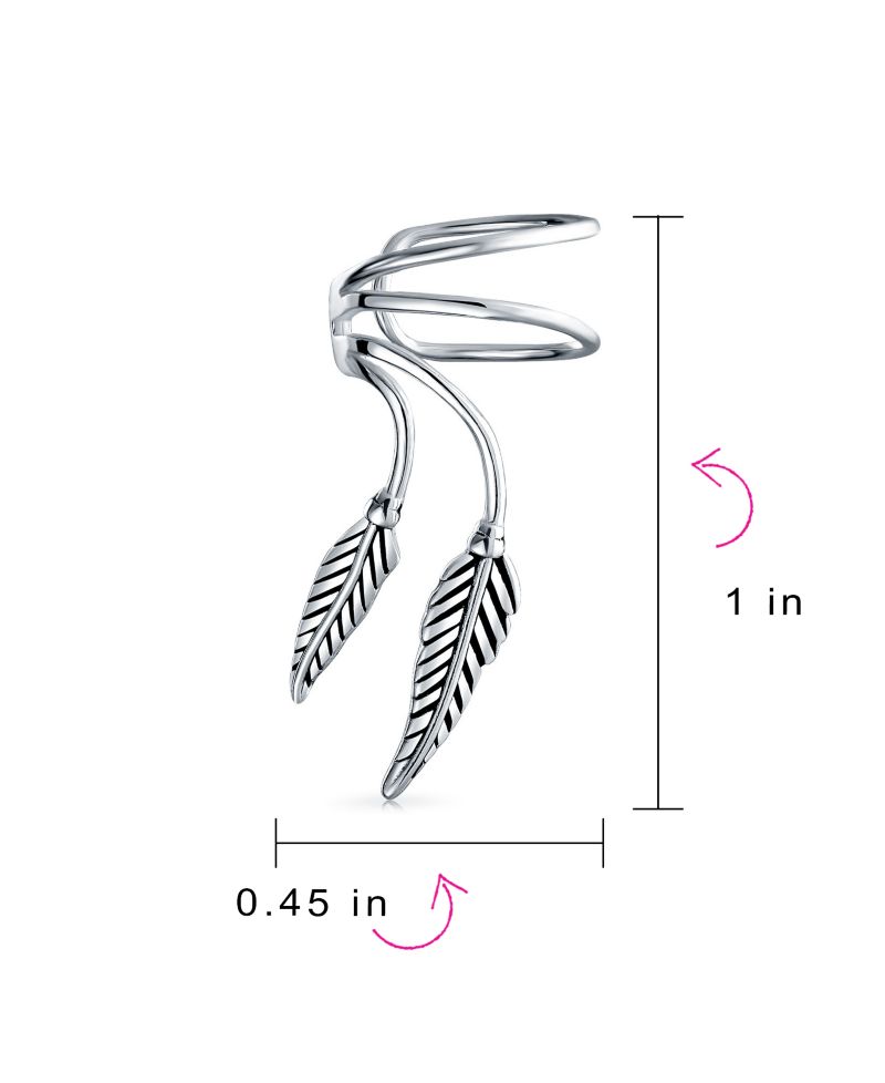 Double Feather Leaf Cartilage Ear Cuffs Earrings Oxidized Sterling Silver