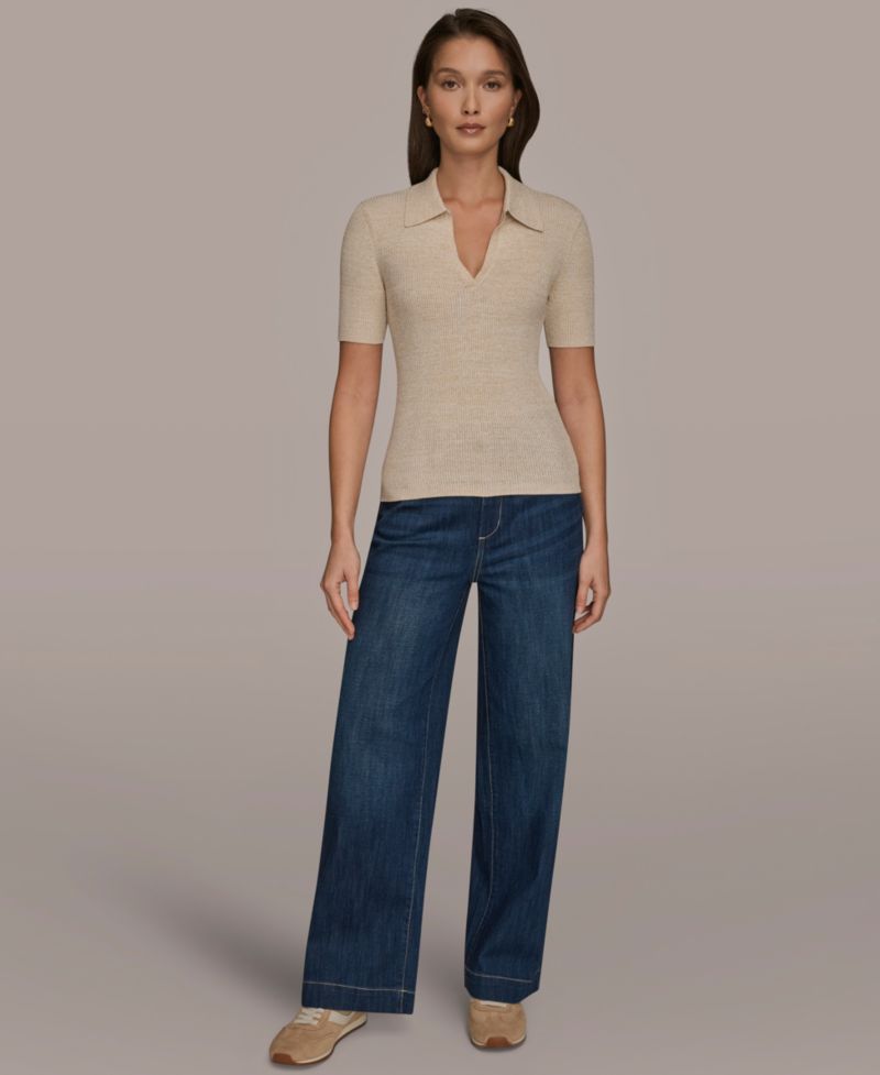 Women's Cotton Rib Elbow Sleeve Polo Sweater