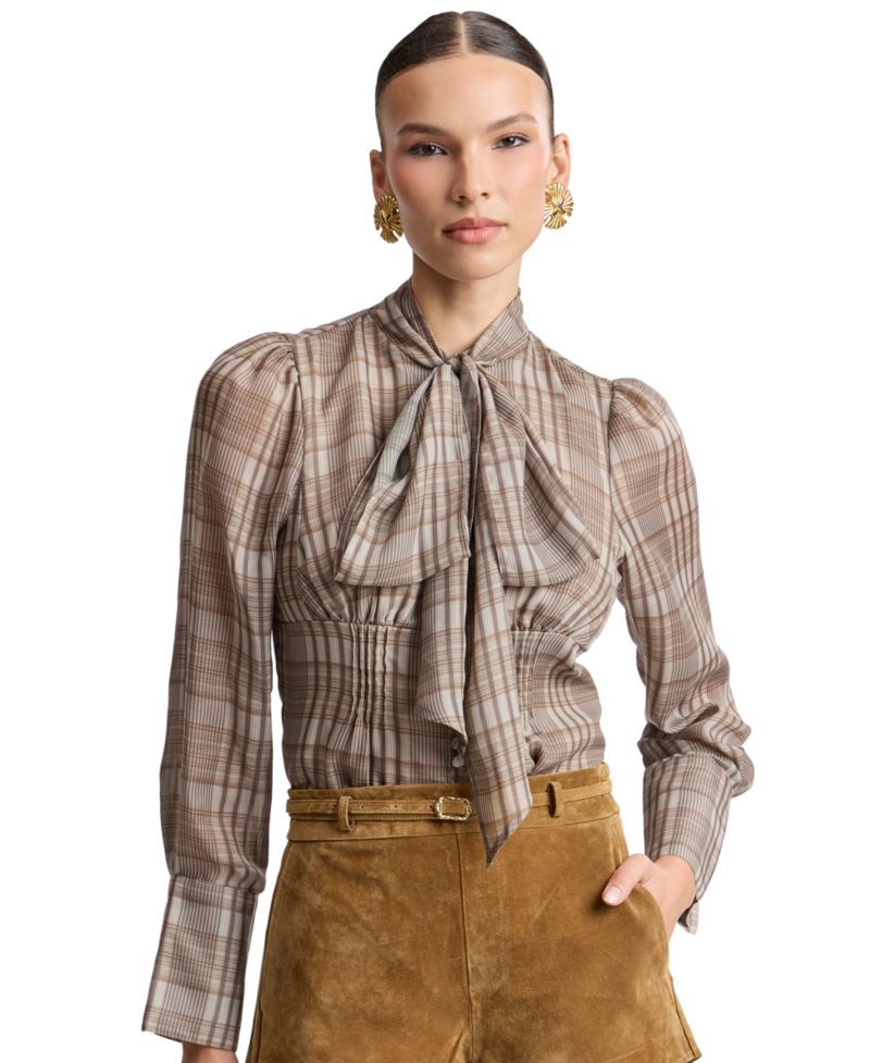 Women's Long Puff-Sleeve Scarf Neck Plaid Blouse