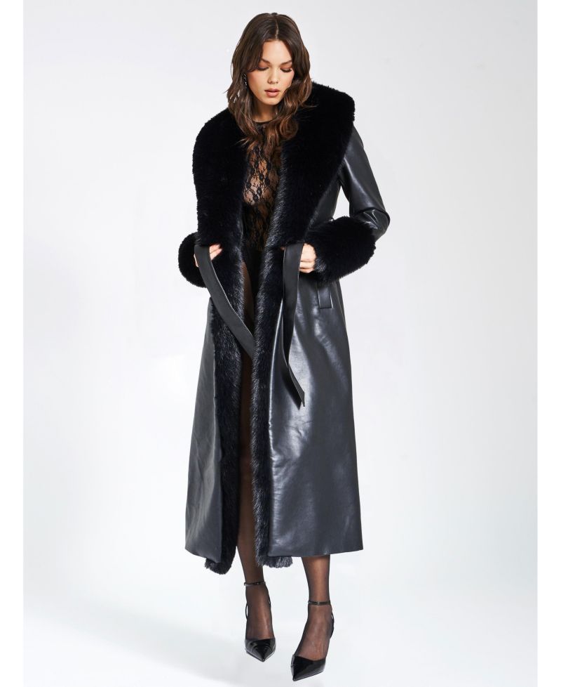 Women Zaida Black Faux Fur Trim Black Faux Leather Coat