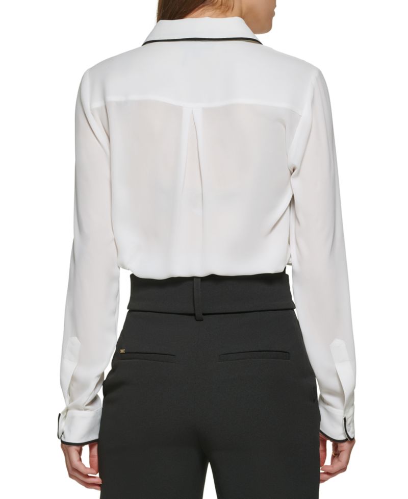 Petite Piped-Trim Button-Up Blouse