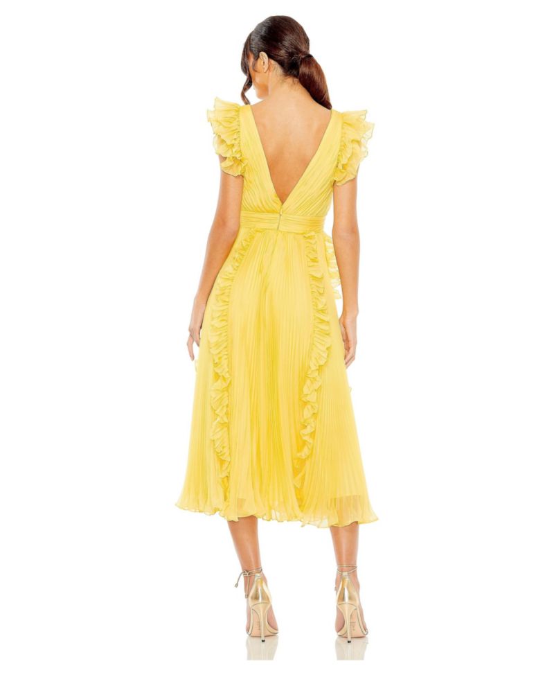 Women's Pleated Chiffon V Neck Ruffle Midi Dress