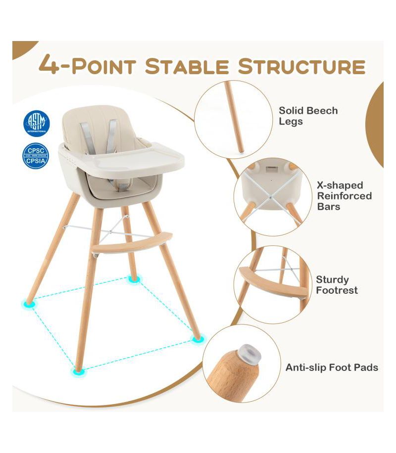 3 in 1 Convertible Wooden High Chair with Soft Cushion for Babies