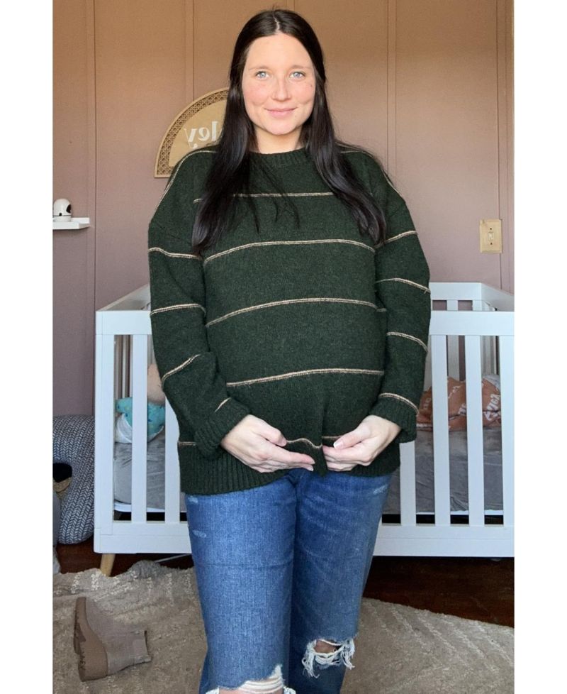 Women's Olive Striped Drop Shoulder Sweater