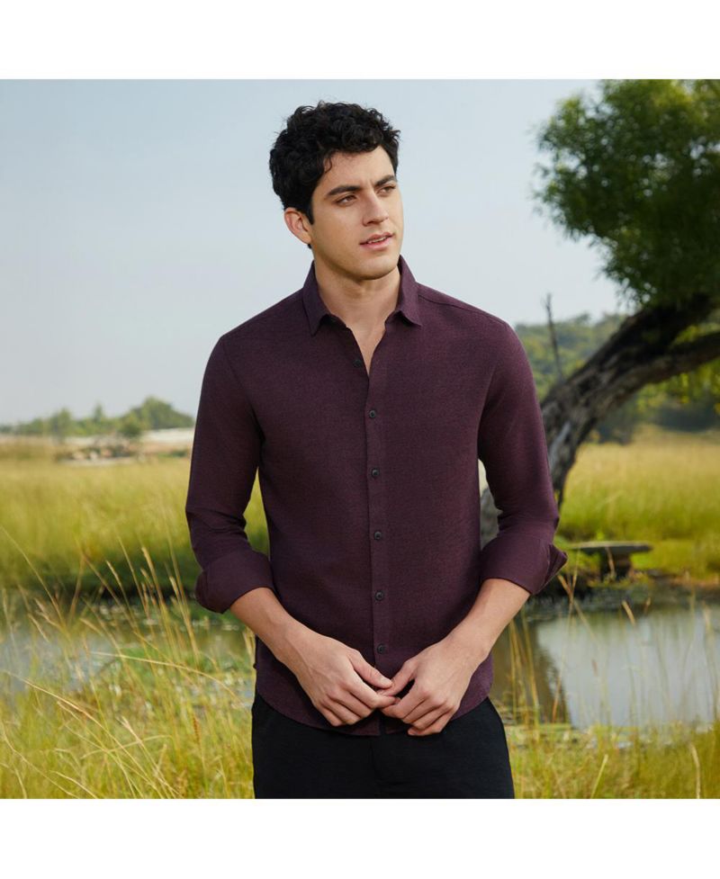 Men's Wine Red Solid Cotton Shirt